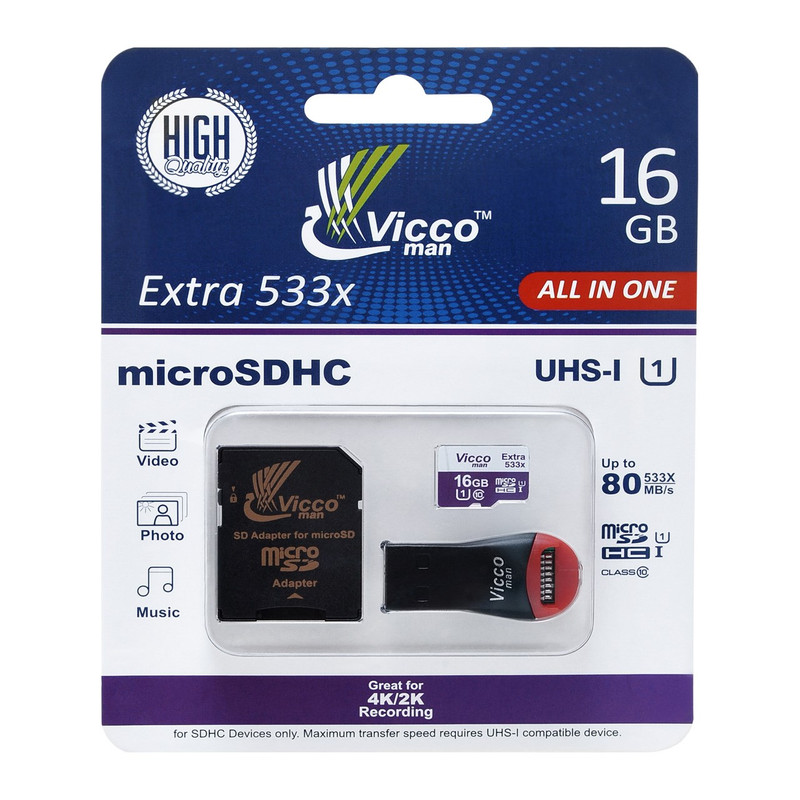 کارت حافظه microSDHC ویکو من مدل Extra 533X کلاس 10 استاندارد UHS-I U1 سرعت 80MBps ظرفیت 16 گیگابایت همراه با کارت خوان usb و آداپتور SD