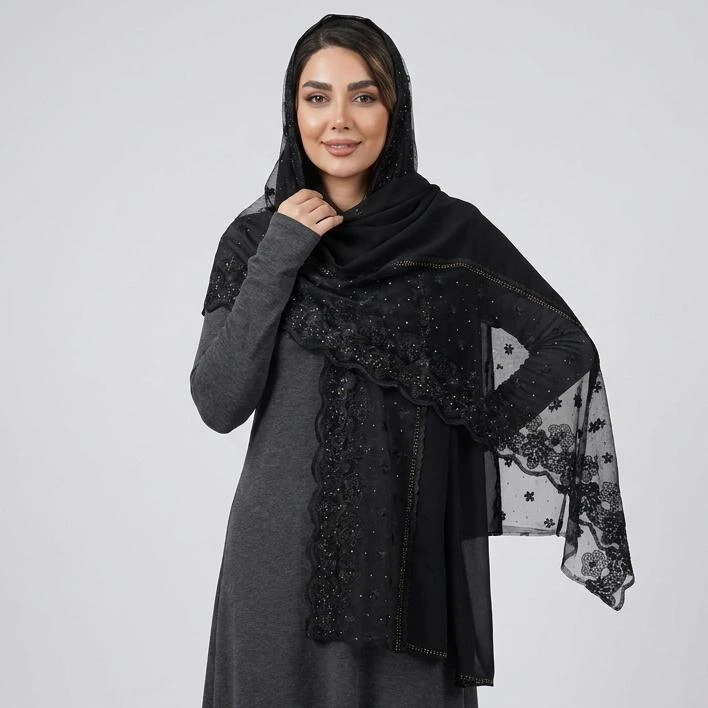 شال زنانه مدل مجلسی ساده حریر کرپ حاشیه گیپور نگین حرارتی کد ۲