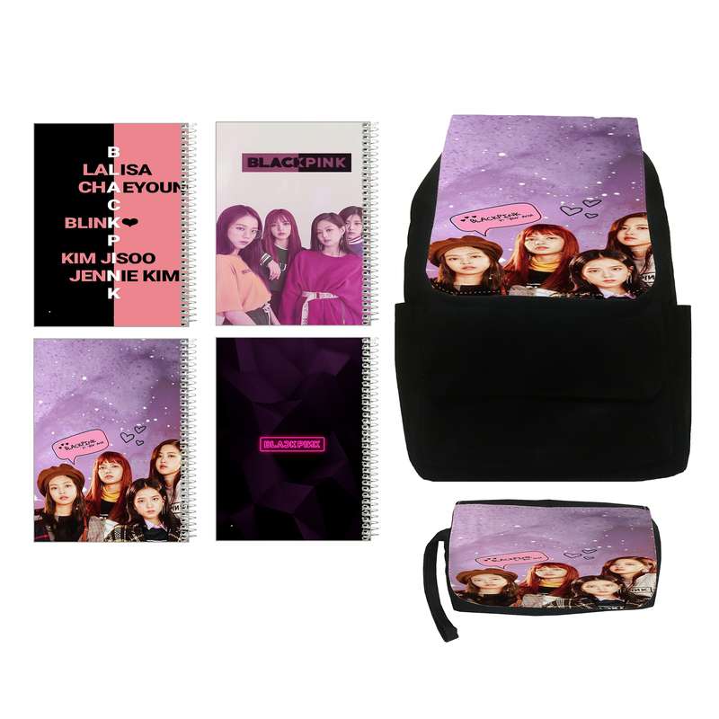 کوله پشتی مدل  black pink کد kj3 به همراه جامدادی و دفتر مشق مجموعه 4 عددی