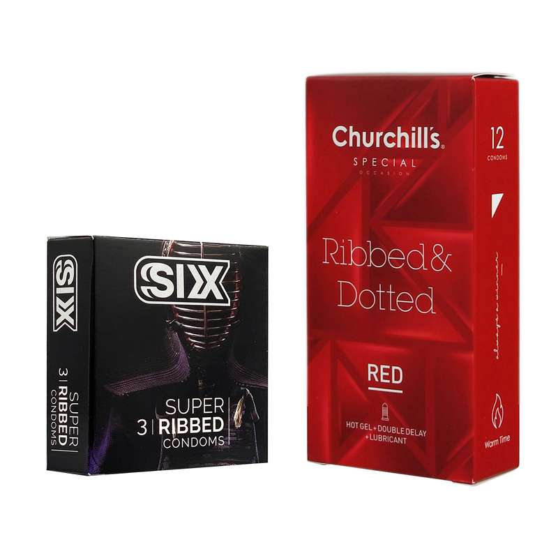 کاندوم چرچیلز مدل Ribbed & Dotted Red بسته 12 عددی به همراه کاندوم سیکس مدل شیاردار بسته 3 عددی 