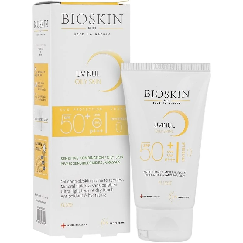 کرم ضد آفتاب بی‌رنگ بایو اسکین پلاس SPF 50 مدل OS محافظ UVA ،UVB و PA+++،مناسب برای پوست‌ چرب و مختلط حجم ۴۰ میلی‌لیتر