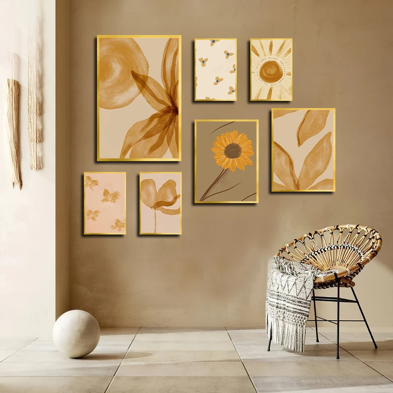 تابلو بکلیت طرح نقاشی مینیمال گل آفتابگردان مدل T-3726 فریم طلایی مجموعه 7 عددی