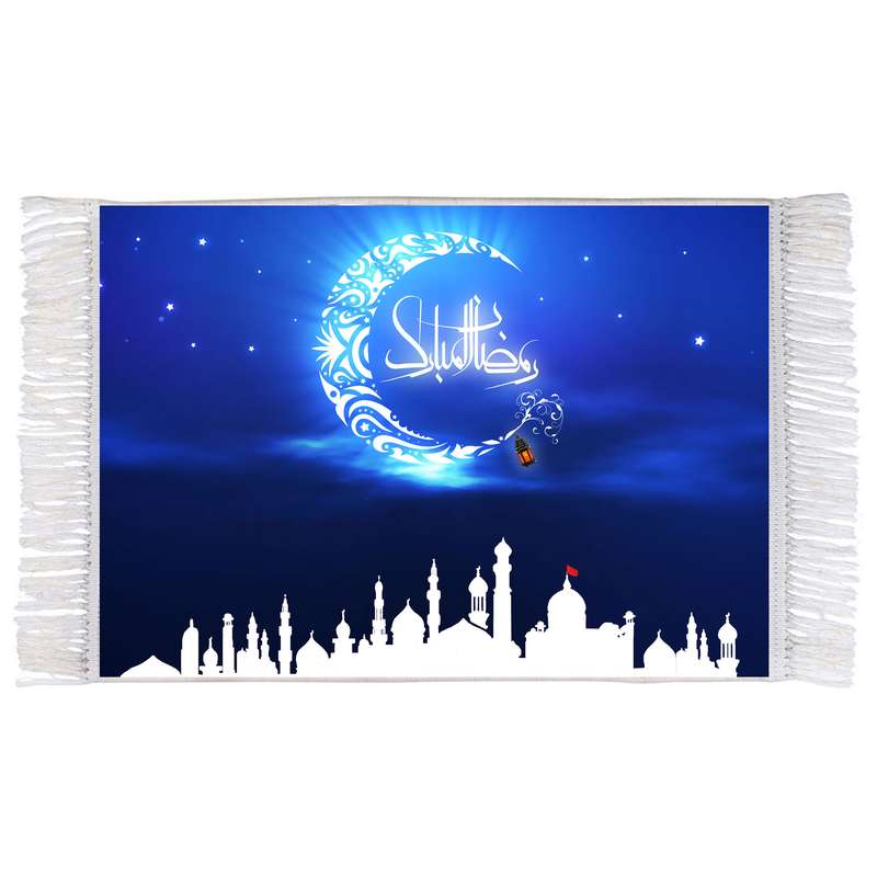 فرش ماشینی دیوارکوب اطلس آبی مدل رمضان مبارک کد T3534