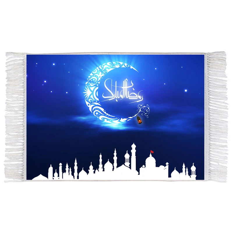 فرش ماشینی دیوارکوب اطلس آبی مدل رمضان مبارک کد T3534