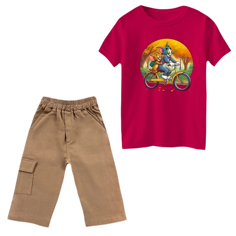 ست تی‌شرت و شلوارک پسرانه مدل تام و جری دوچرخه