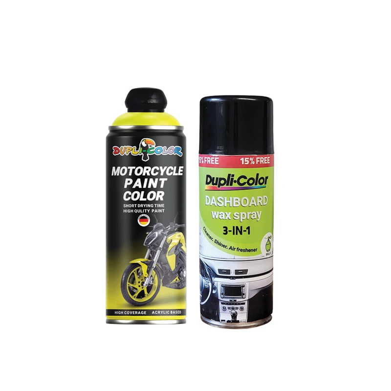 اسپری پولیش و خوشبو کننده داشبورد رایحه بل و اسپری رنگ موتور سیکلت زرد فلورسنت دوپلی کالر مدل شب تاب حجم 400 میلی لیتر مجموعه 2 عددی