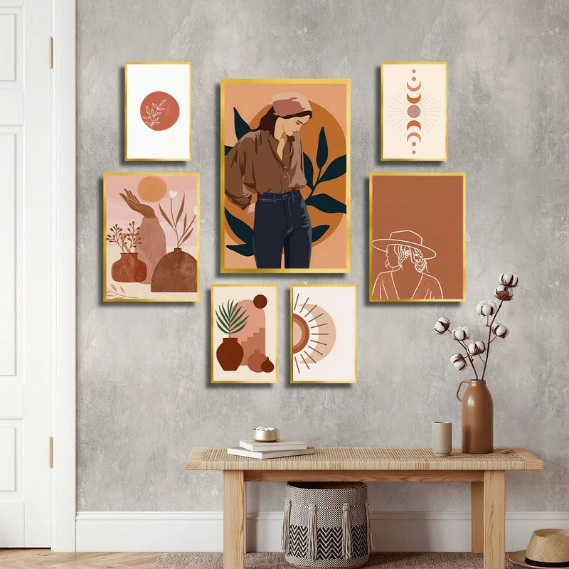 تابلو بکلیت طرح نقاشی مینیمال و چهره مدل T-3867 فریم طلایی مجموعه 7 عددی