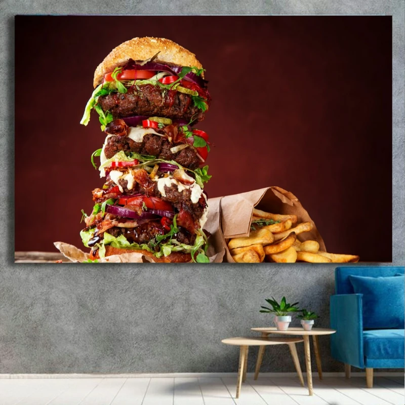 پوستر پارچه ای طرح فست فود مدل دوبل همبرگر و سیب زمینی کد SDP1427