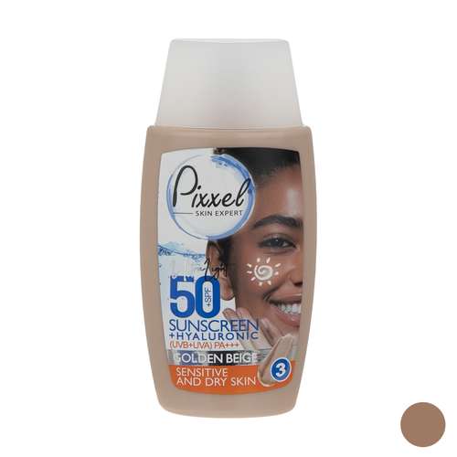 کرم ضد آفتاب رنگی پیکسل، 50 SPF، مدل GOLDEN BEIGE، مناسب پوست نرمال، خشک و حساس تنالیته رنگ تیره و حجم 50 میلی‌لیتر، محافظت کننده در برابر اشعه UVA و UVB، ضد حساسیت، +++ PA، آبرسان، با ماندگاری 2 ساعته