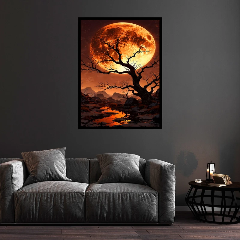 تابلو بکلیت طرح هنری دکوری درخت و ماه و اسمان  مدل B-bu5729 فریم مشکی