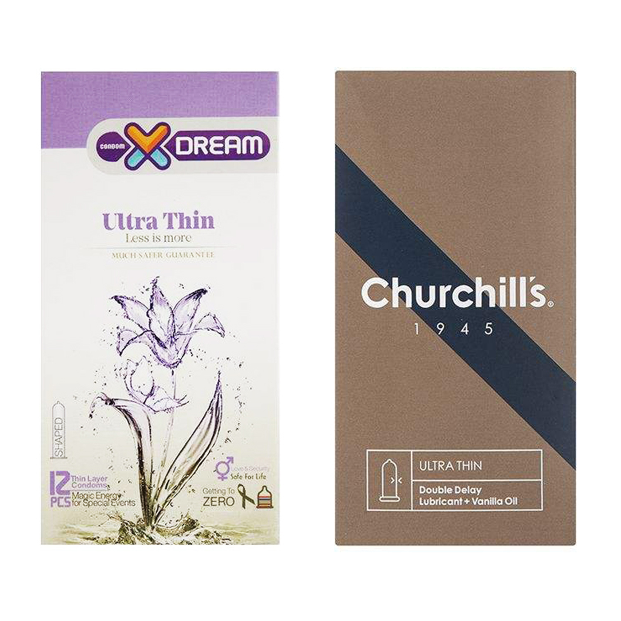 کاندوم چرچیلز مدل Ultra Thin Double Delay بسته 12 عددی به همراه کاندوم ایکس دریم مدل Ultra Thin بسته 12 عددی