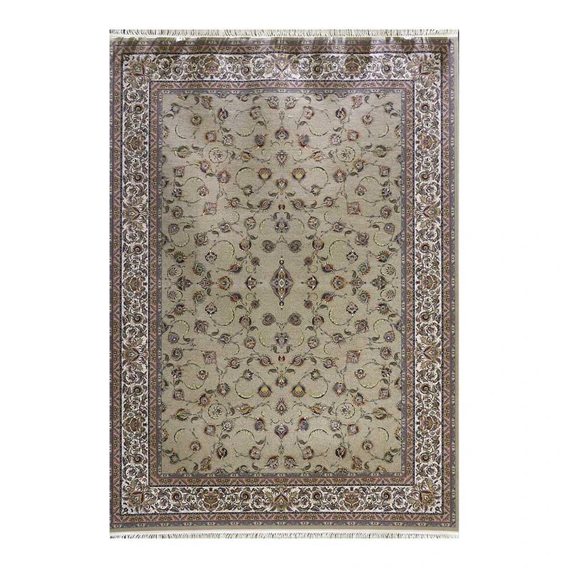 فرش ماشینی 1500 شانه فرش زمرد مشهد زمینه نسکافه‌ای حاشیه کرم مدل افشان