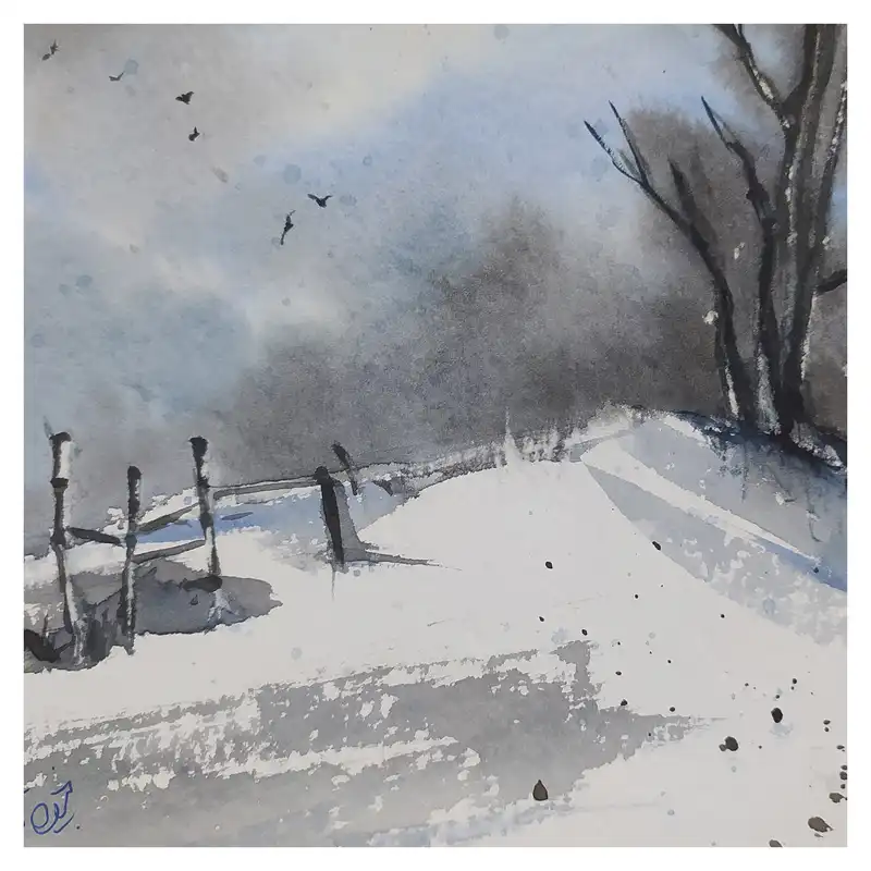 نقاشی آبرنگ طرح منظره زمستانی کد 09