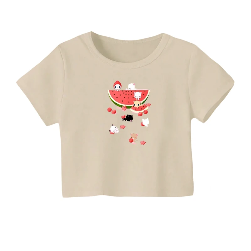 کراپ‌ تی‌شرت آستین کوتاه زنانه مدل حیوانات و هندوانه یلدایی کد 2