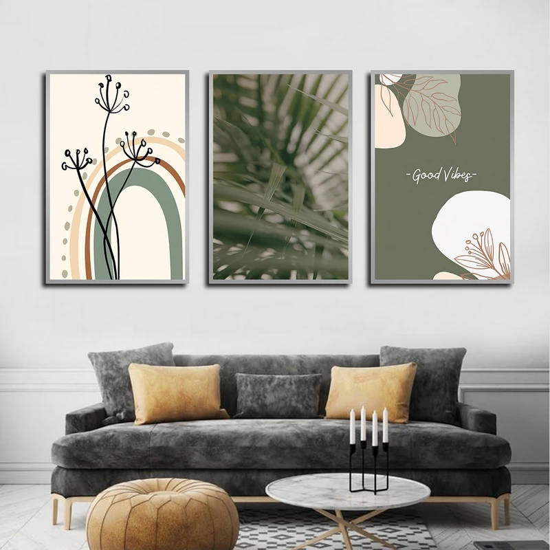 تابلو بکلیت طرح نقاشی مینیمال و برگ مدل SI-3174 مجموعه 3 عددی