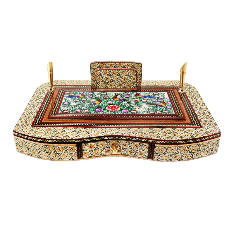 قلمدان خاتم کاری مدل مدیریتی طرح گل و مرغ برجسته کد Gr29p19-2f2