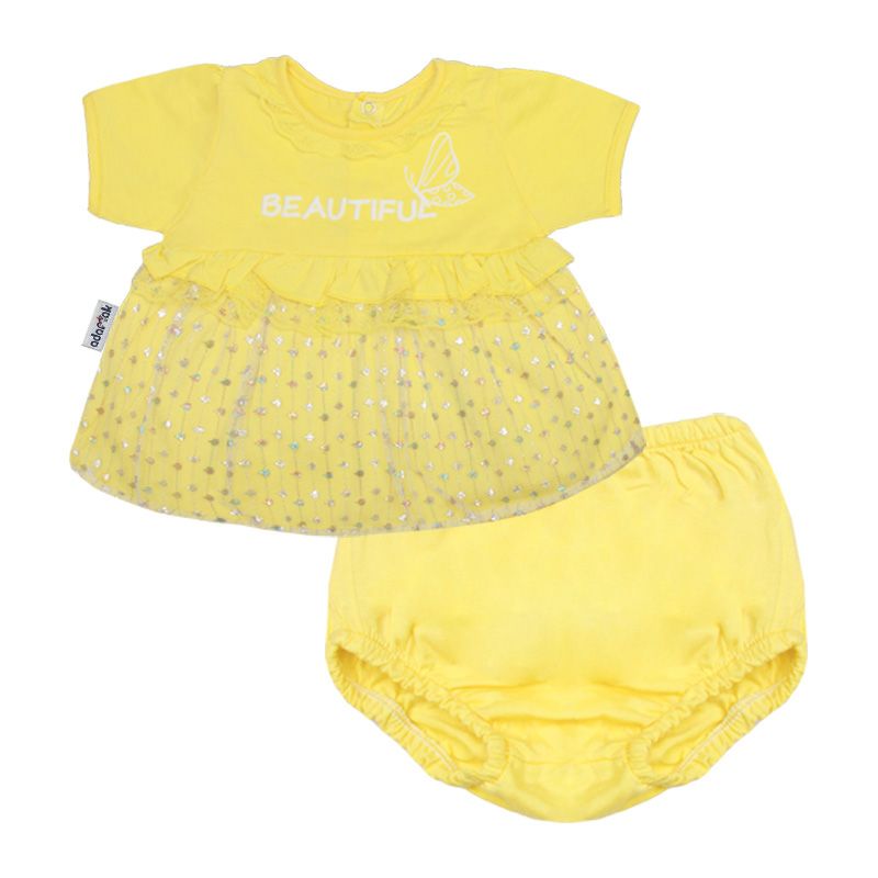 ست پیراهن و شورت نوزادی دخترانه آدمک مدل پروانه کد 127400 رنگ لیمویی -  - 1
