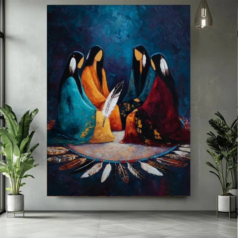 پوستر پارچه ای طرح مخمل بانوان و پر مدل سرخپوستان بومی کد BK25018