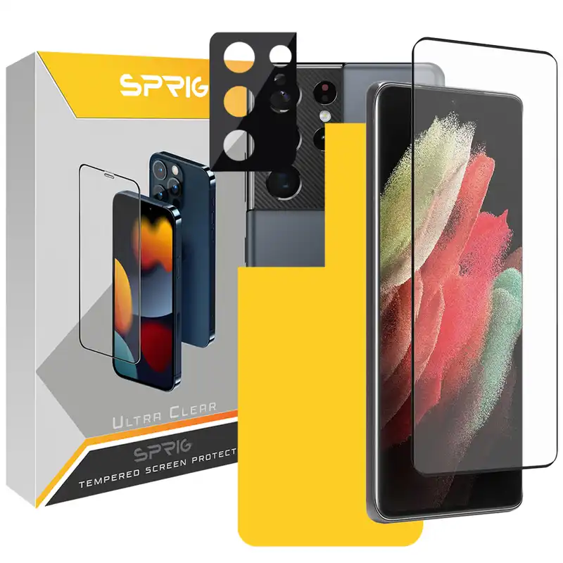 محافظ لنز دوربین اسپریگ مدل 3D-FU مناسب برای گوشی موبایل سامسونگ Galaxy S21 Ultra به همراه محافظ صفحه نمایش و محافظ پشت گوشی