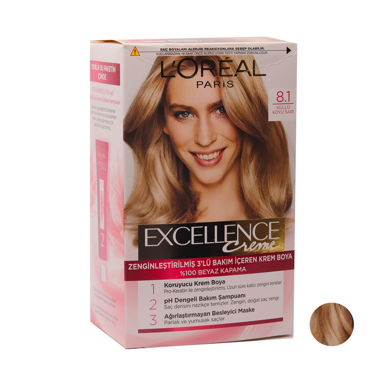 کیت رنگ مو لورآل مدل Excellence شماره 8.1 حجم 48 میلی لیتر رنگ بلوند دودی تیره