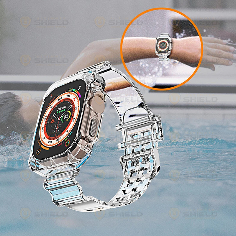 بند آلتیمیت شیلد مدل Transparent Shock مناسب برای اپل واچ 49 mm سری Ultra به همراه کاور