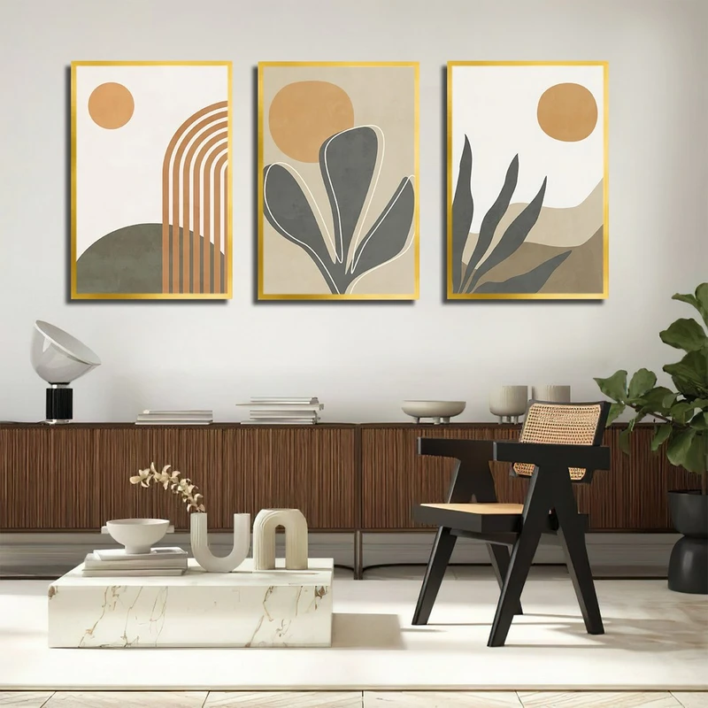 تابلو بکلیت طرح نقاشی مینیمال برگ و خورشید مدل T-3881 فریم طلایی مجموعه 3 عددی