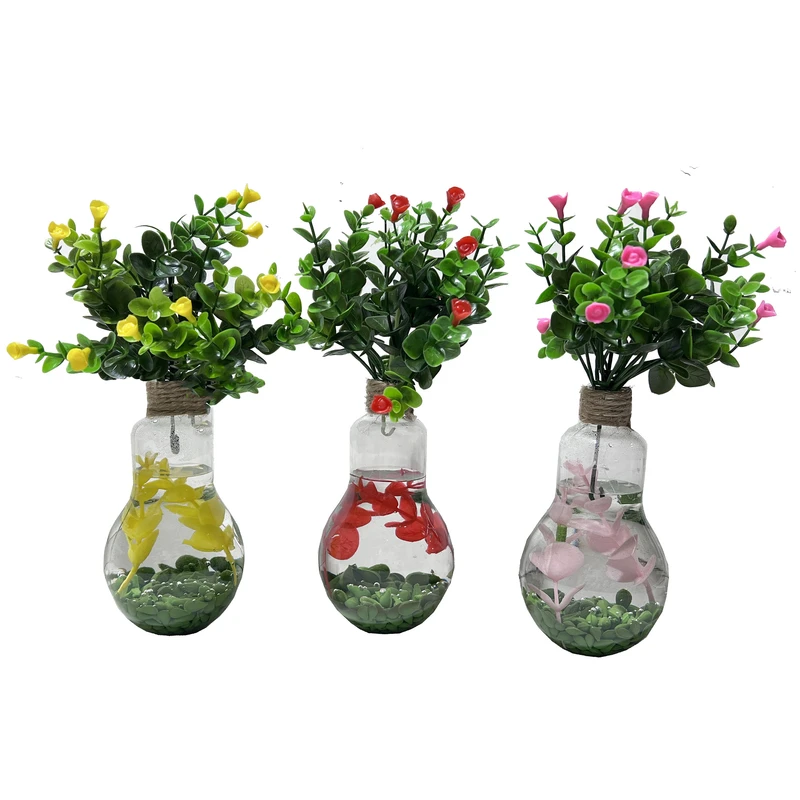 گلدان به همراه گل مصنوعی مدل لامپ و شمشاد گلدار مجموعه 3 عددی
