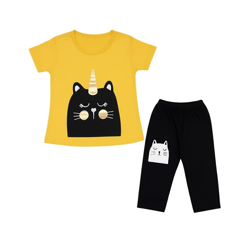 ست تی‌شرت آستین کوتاه و شلوار دخترانه مدل گربه تک شاخ