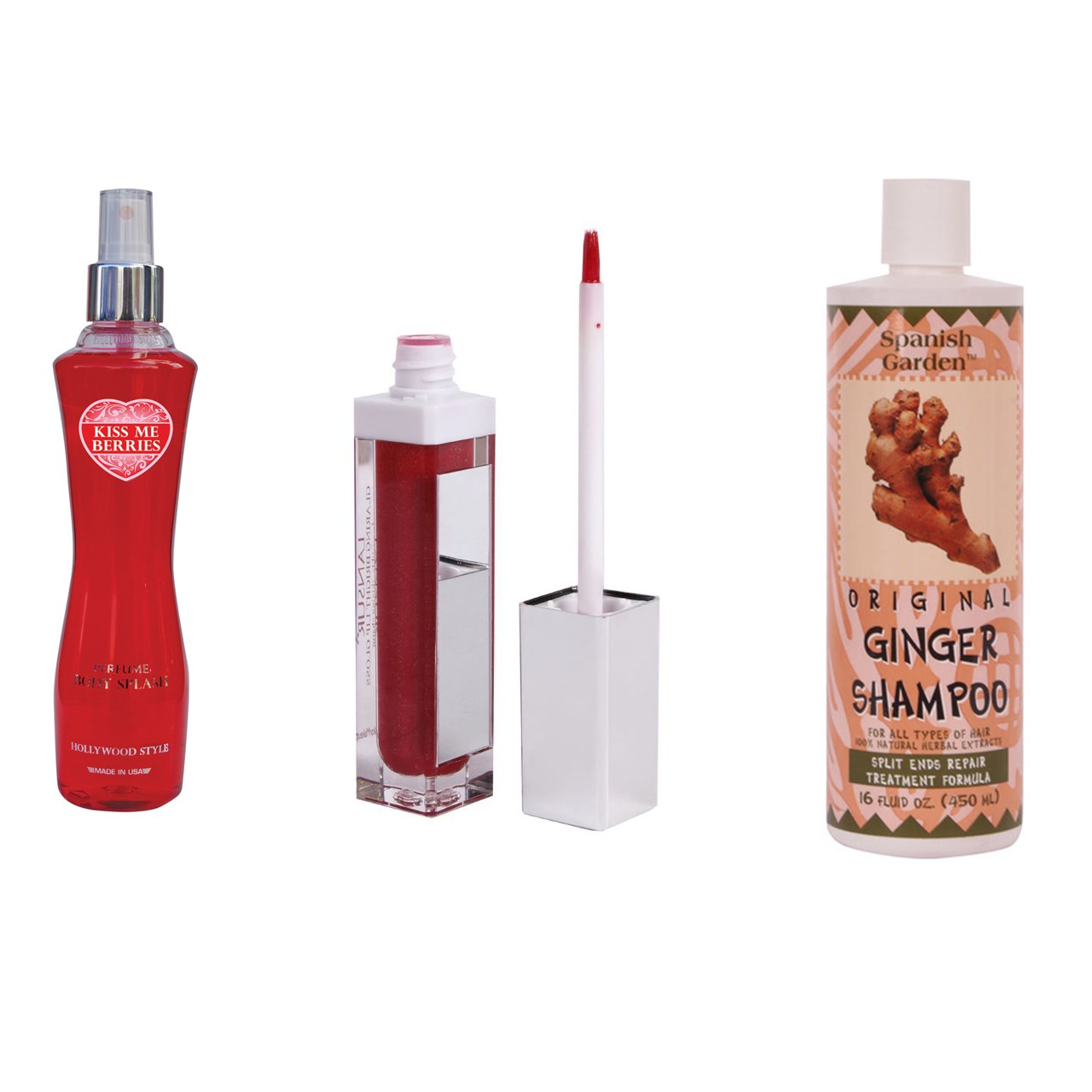پک آرایشی و بهداشتی استاویتا طرح 77 مجموعه 3 عددی:اسپری خوش بو کننده بدن هالیوود استایل مدل Kiss me berries حجم 236 میلی لیتر و شامپو ضد موخوره اسپانیش گاردن مدل زنجبیل حجم 450 میلی لیتر و رژ لب مایع لنسور سری Glaring Bright شماره 04