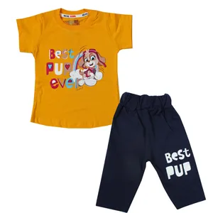 ست تی شرت و شلوارک دخترانه طرح سگهای نگهبان مدل 1100 رنگ زرد