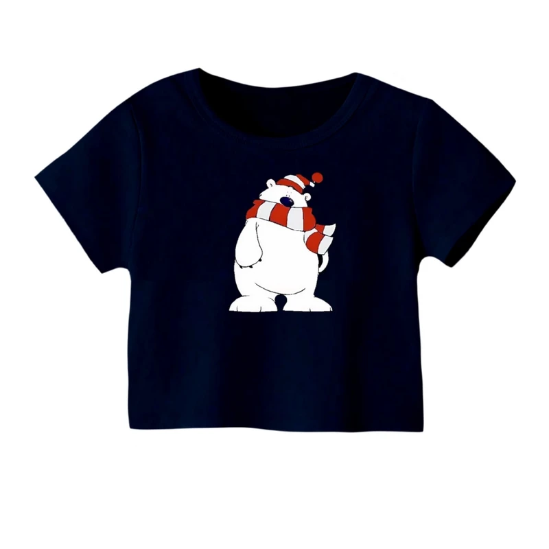 کراپ‌ تی‌شرت آستین کوتاه زنانه مدل خرس کریسمس کد 7