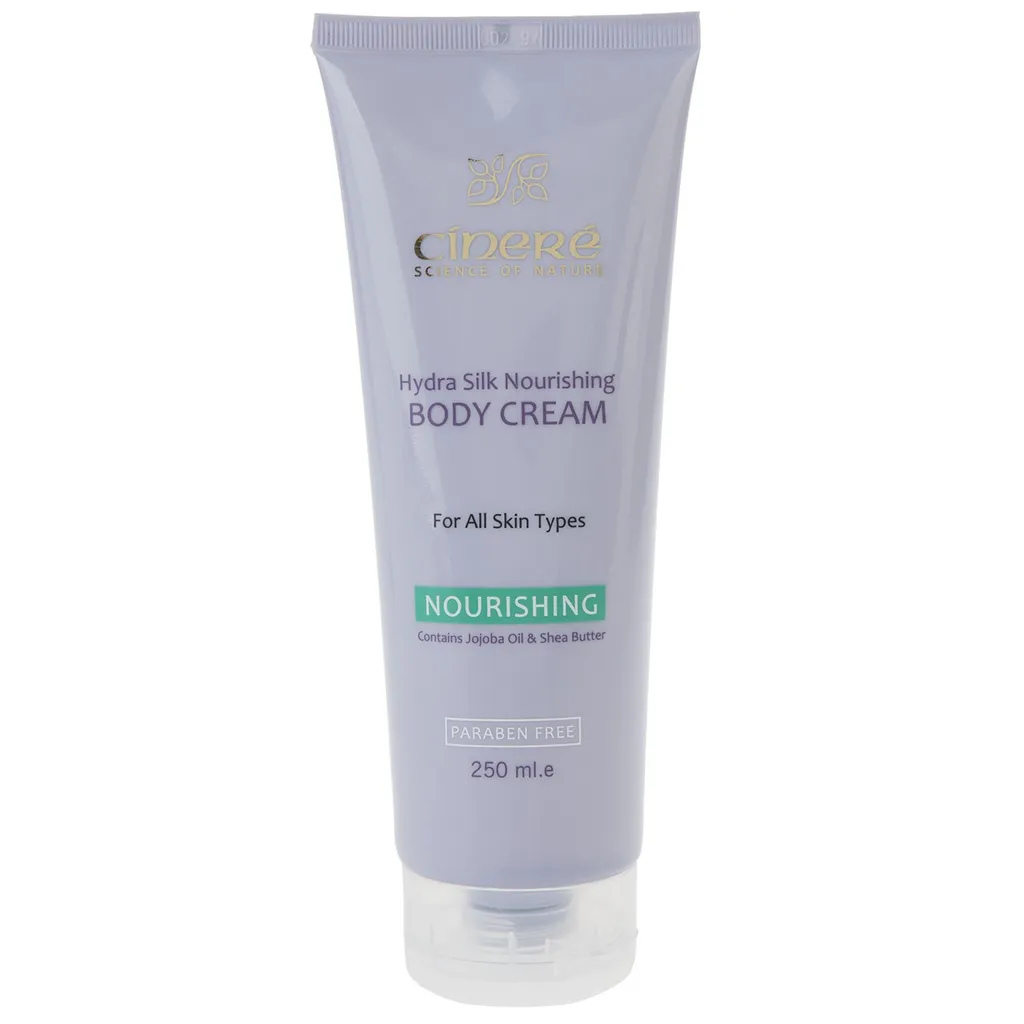 کرم مغذی بدن سینره Hydra Silk حجم 250 میلی‌لیتر با عصاره آووکادو، شی‌باتر، عسل گیاهی و روغن جوجوبا، مرطوب‌کننده، ضد حساسیت و کمک به نرمی و بازسازی پوست