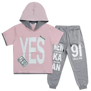 ست تی شرت کلاه دار و شلوار دخترانه لیما کیدز طرح YES رنگ صورتی