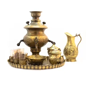 سرویس سماور ذغالی 12 پارچه برنجی مدل قلم کاری کد 3264