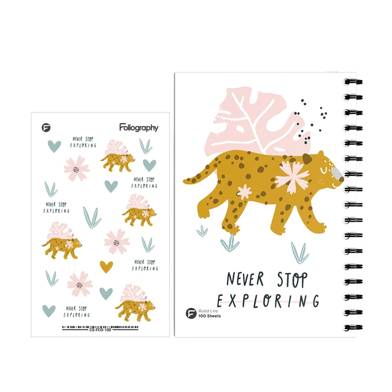 دفتر مشق 100 برگ فولیوگرافی طرح ببر به همراه استیکر