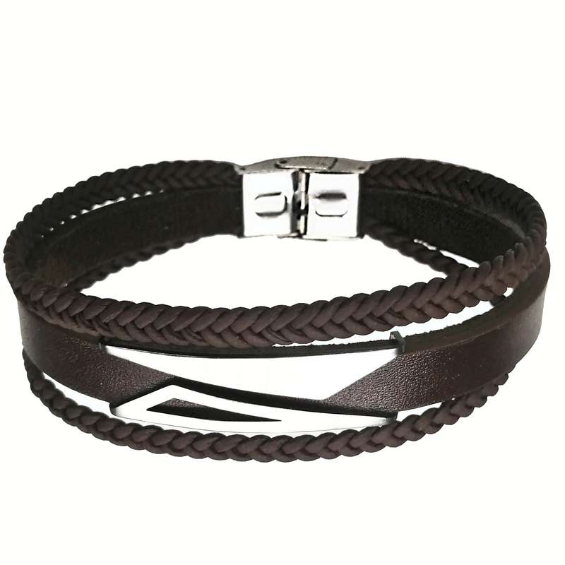 دستبند مردانه مدل چرم پلاک مثلث توپر و توخالی 14850