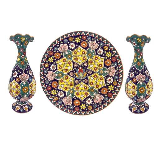 ست سه تکه گلدان و بشقاب میناکاری زمانیان کد zmn21055