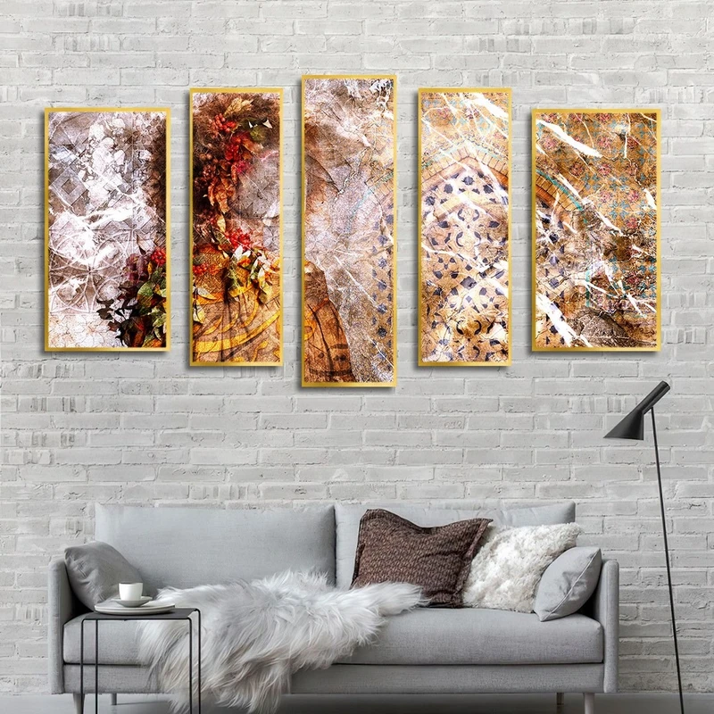 تابلو ساده بکلیت طرح سنتی و خطاطی مدل شاین اکلیلی T-2561 فریم طلایی مجموعه 5 عددی