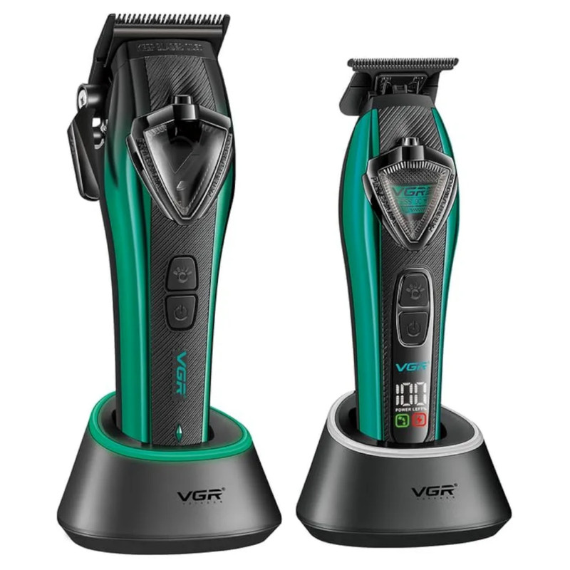 ست ماشین اصلاح موی سر و صورت شارژی وی جی ار مدل V-884 s2 مجموعه 2 عددی وزن 500 گرم با باتری قابل شارژ و صفحه نمایشگر LED