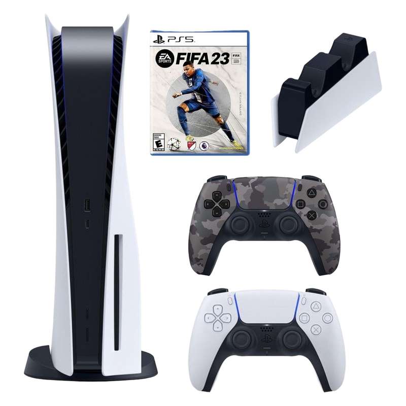 کنسول بازی سونی مدل PlayStation 5 ظرفیت 825 گیگابایت ریجن 1200 آسیا به همراه دسته اضافی و پایه شارژر و بازی FIFA 23 کنسول بازی سونی مدل PlayStation 5 ظرفیت 825 گیگابایت ریجن 1200 آسیا به همراه دسته اضافی و پایه شارژر و بازی FIFA 23