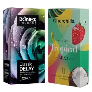 کاندوم چرچیلز مدل Tropical بسته 12 عددی به همراه کاندوم بونکس مدل Classic Delay بسته 12 عددی 