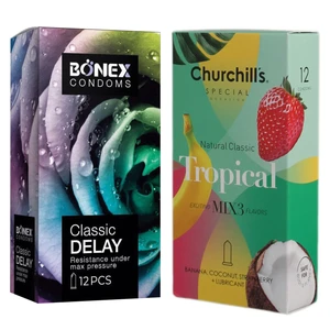 کاندوم چرچیلز مدل Tropical بسته 12 عددی به همراه کاندوم بونکس مدل Classic Delay بسته 12 عددی