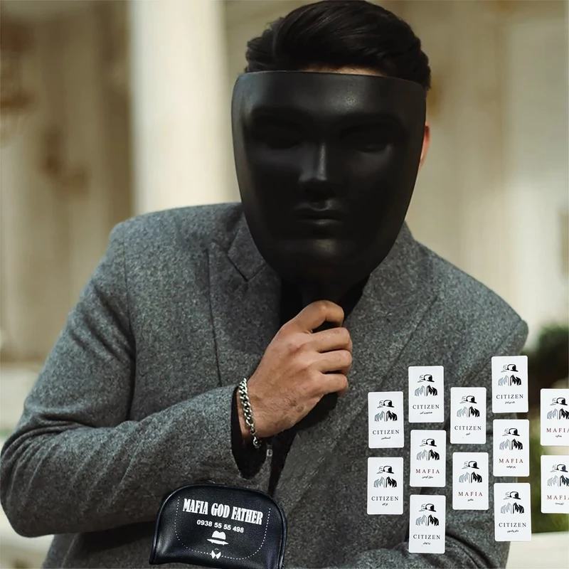عکس شماره 5 : ماسک ایفای نقش مدل مافیا اشرافی بهمراه کارت مافیا مجموعه 12 عددی