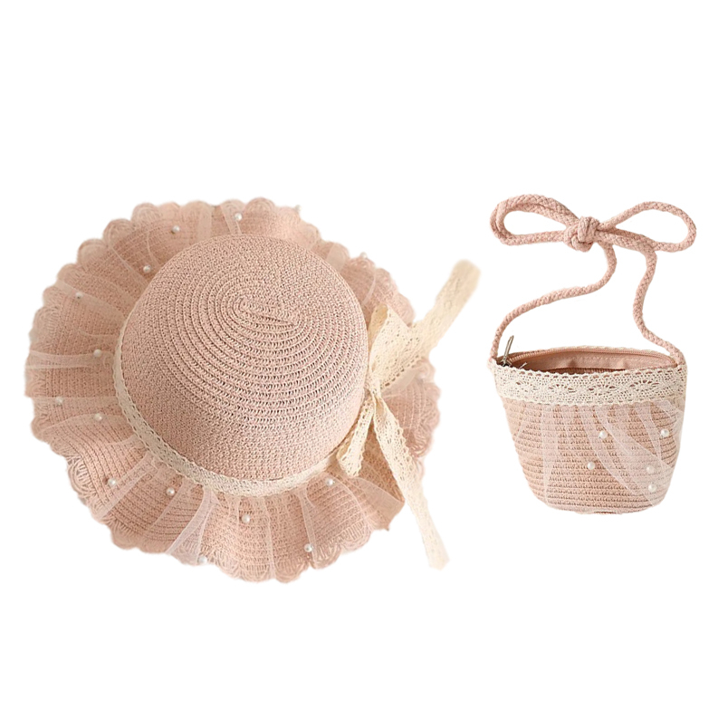 کلاه حصیری دخترانه مدل پرنسس کد 203001 به همراه کیف ساحلی