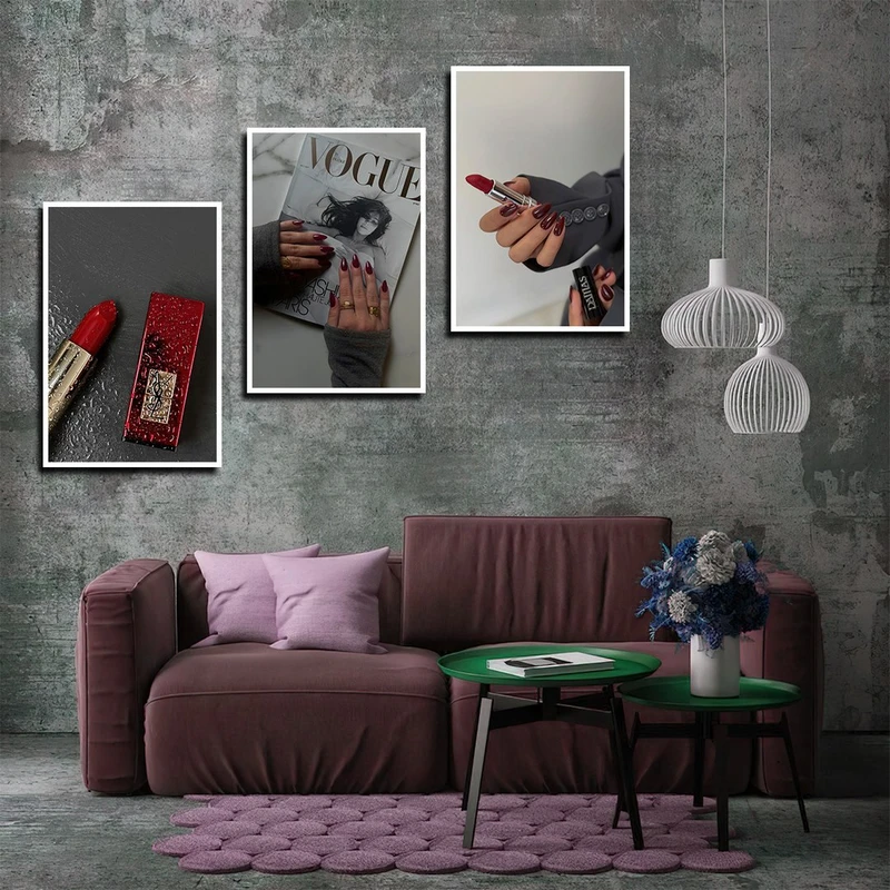 تابلو بکلیت طرح آرایشی و سالن زیبایی مدل W-4066 فریم سفید مجموعه 3 عددی