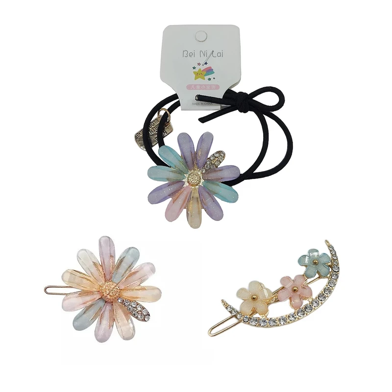 ست کش و گیره مو زنانه مدل گل کریستالی مجموعه 3 عددی 