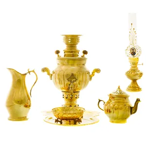 سرویس سماور ذغالی 6 پارچه برنجی مدل توپی ترک دار کد 4336