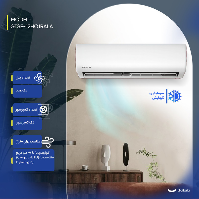 کولر گازی اسپلیت دیواری 12000 دور ثابت جنرال آیس مدل GTSE-12HO1RALA