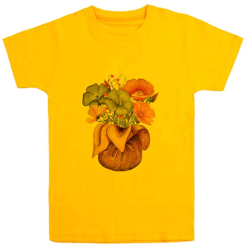 تی شرت آستین کوتاه دخترانه مدل گلدون گل D55 رنگ زرد