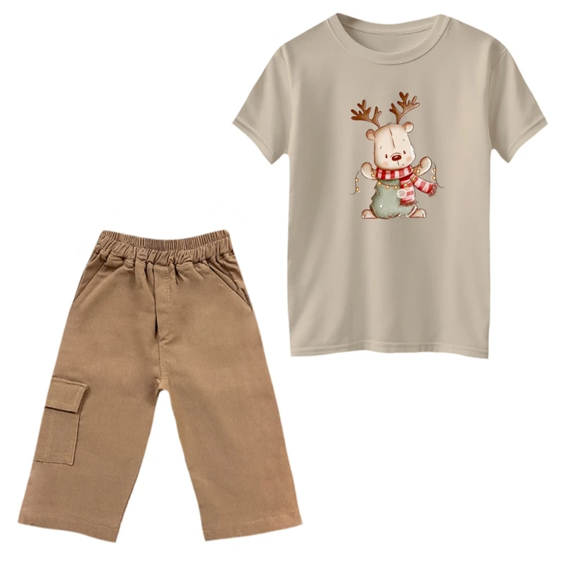 ست تی‌شرت و شلوارک پسرانه مدل گوزن و شال گردن